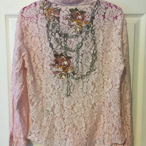 Embrodery Floral Light Pink Women's Lace Button Up Shirt Paparazzi by Biz - Picture 7 of 14